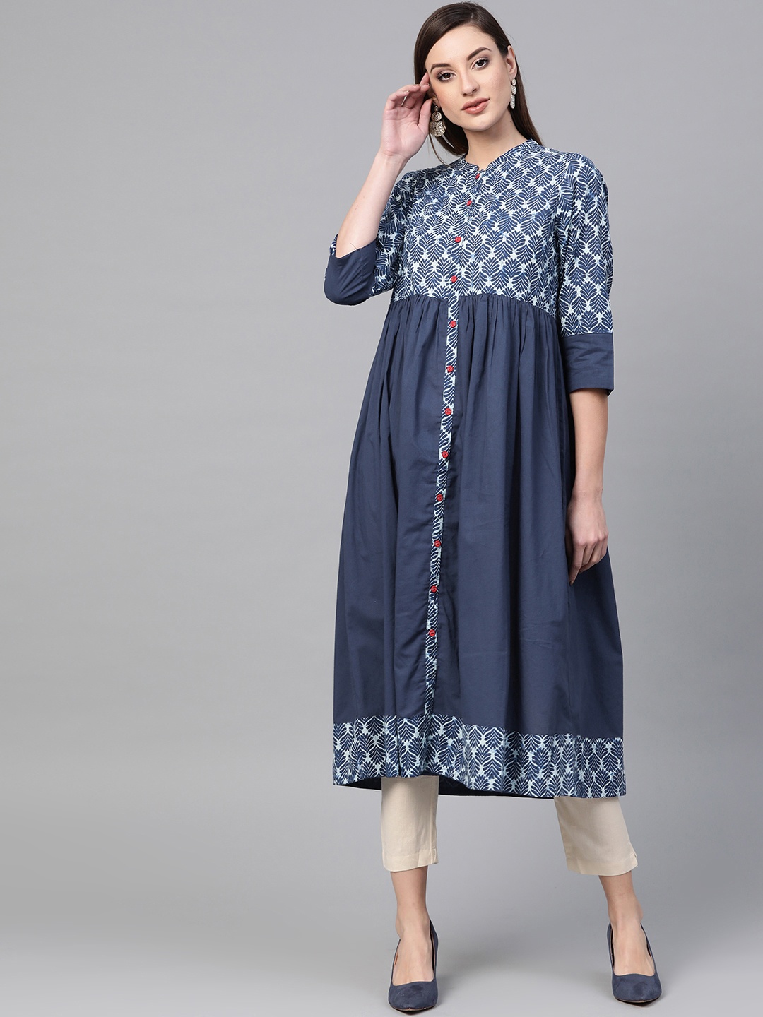 

Geroo Jaipur Blue Indigo Hand Block Printed Pure Cotton Kurta, Navy blue