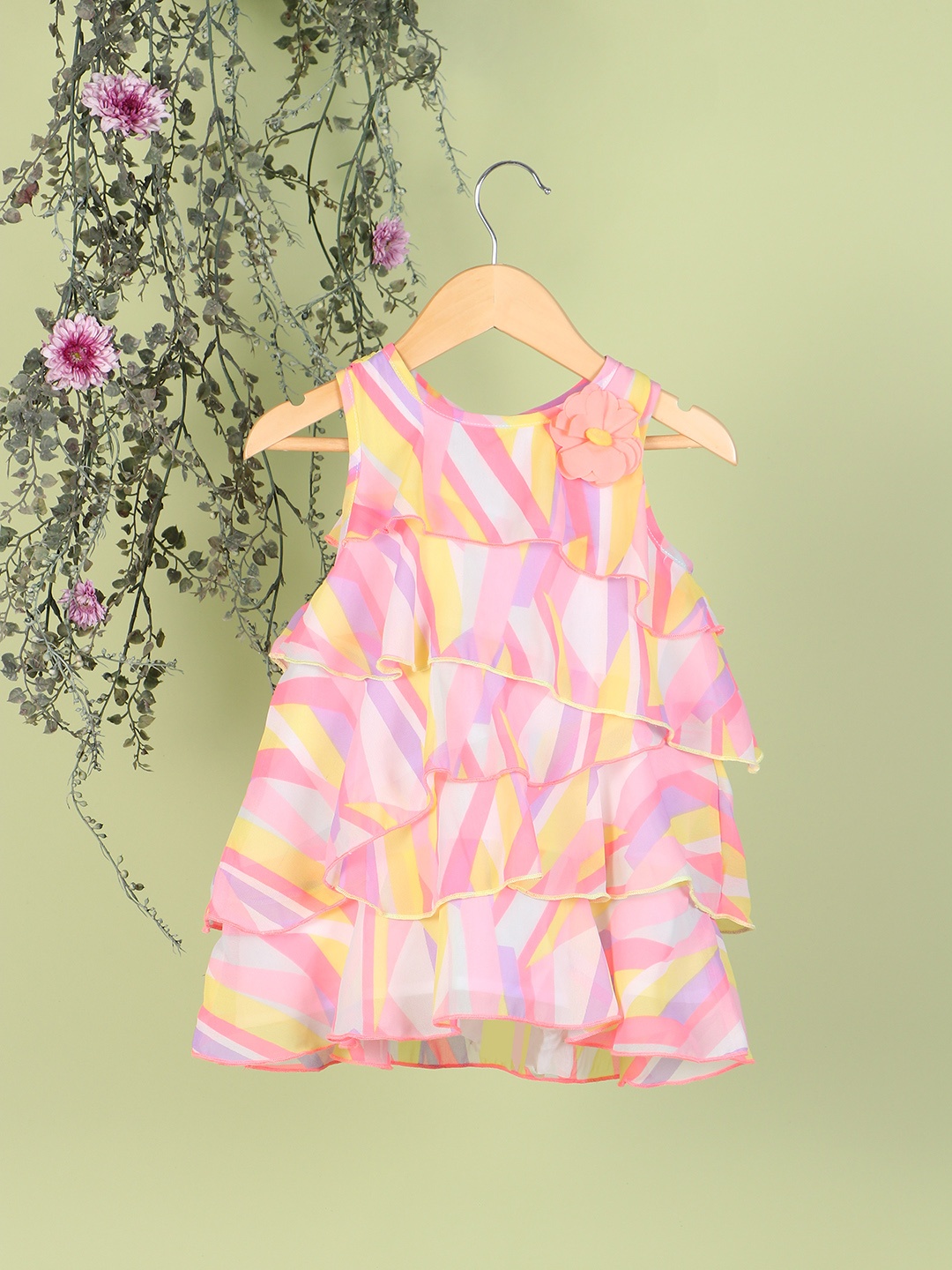 

Nauti Nati Girls Pink & Yellow Printed Layered A-Line Dress