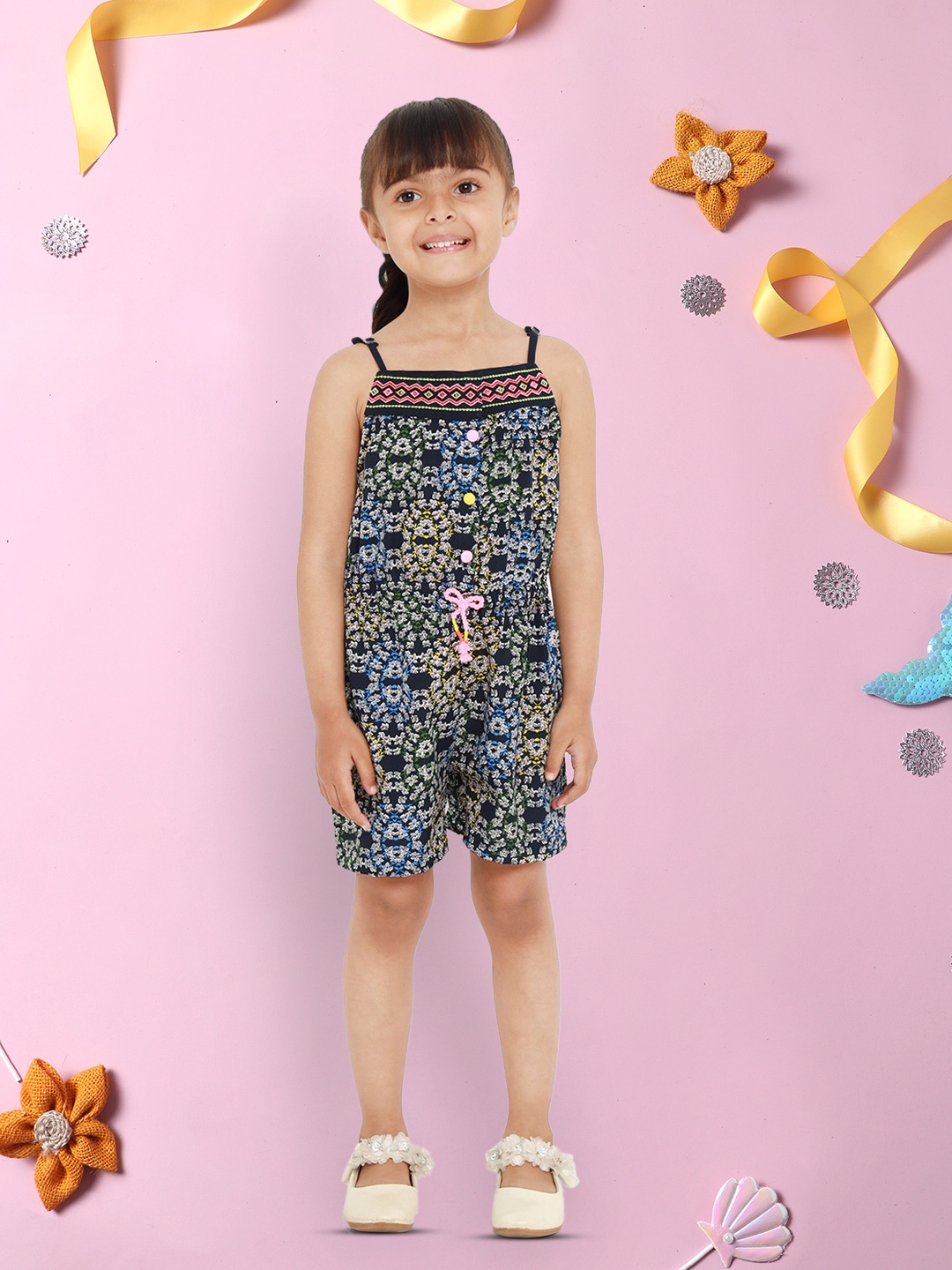 

Nauti Nati Girls Navy Blue & White Printed Playsuit