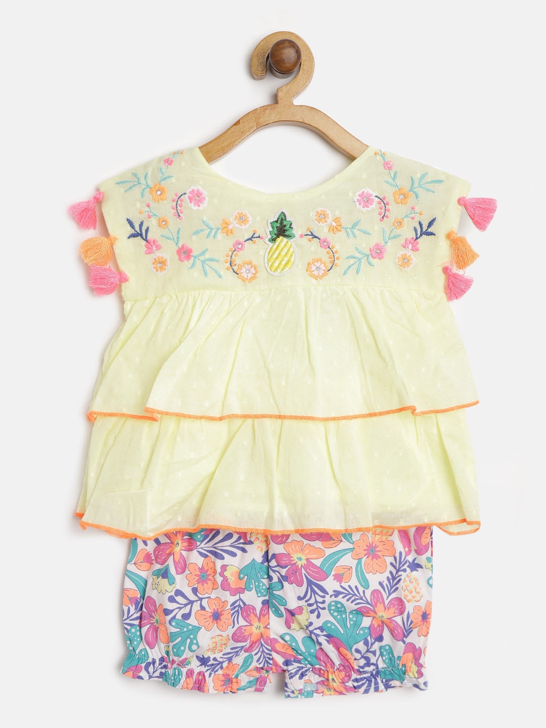 

Nauti Nati Girls Yellow & White Self Design Top with Shorts