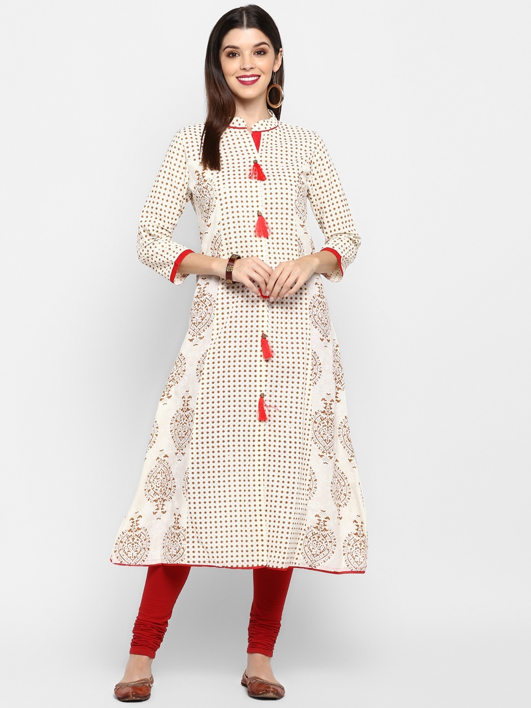 

Vbuyz Women Off-White & Brown Printed A-Line Kurta