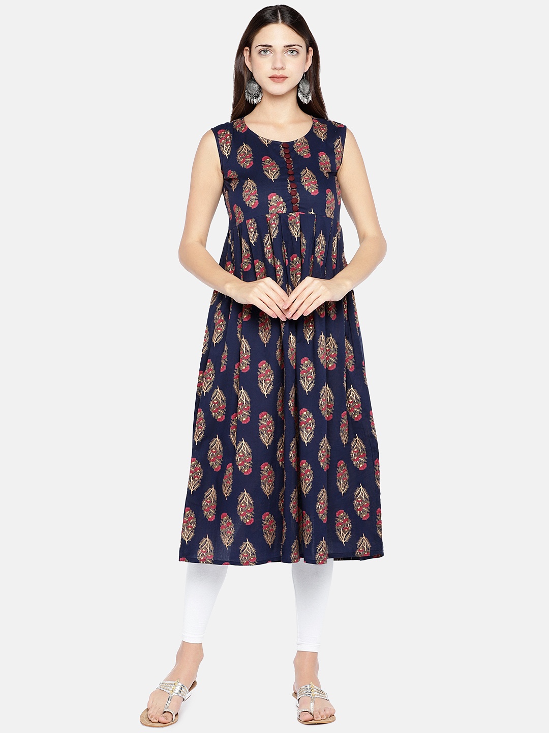 

Vbuyz Women Navy Blue & Beige Printed A-Line Kurta