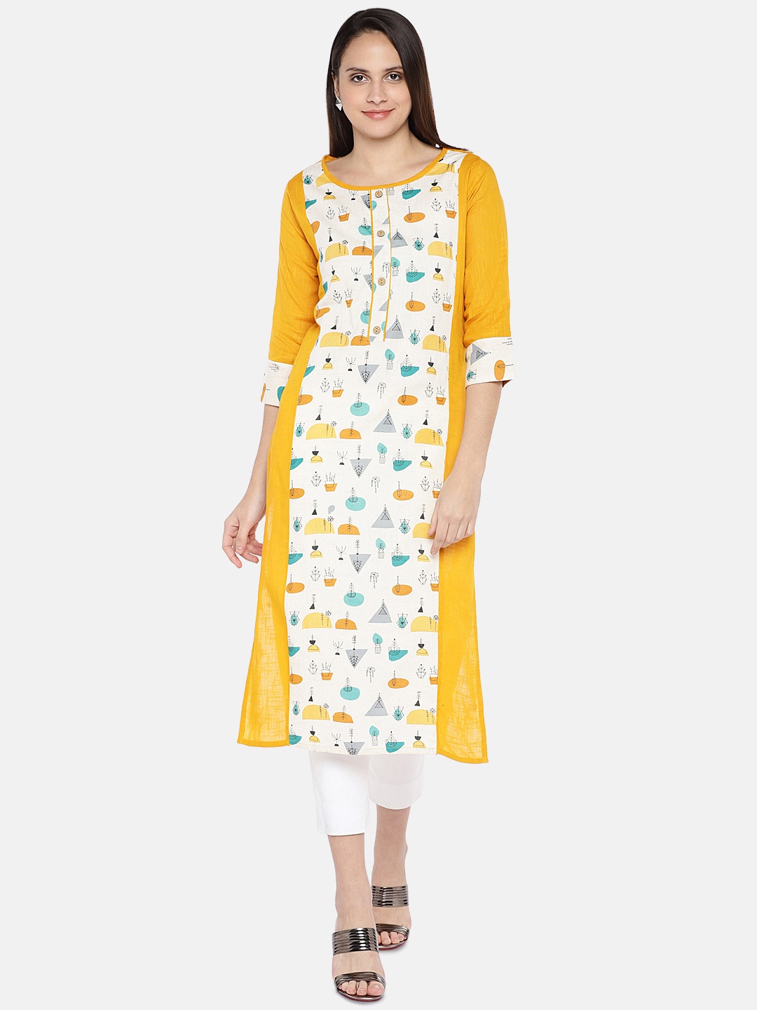

Vbuyz Women Yellow & White Printed Straight Kurta