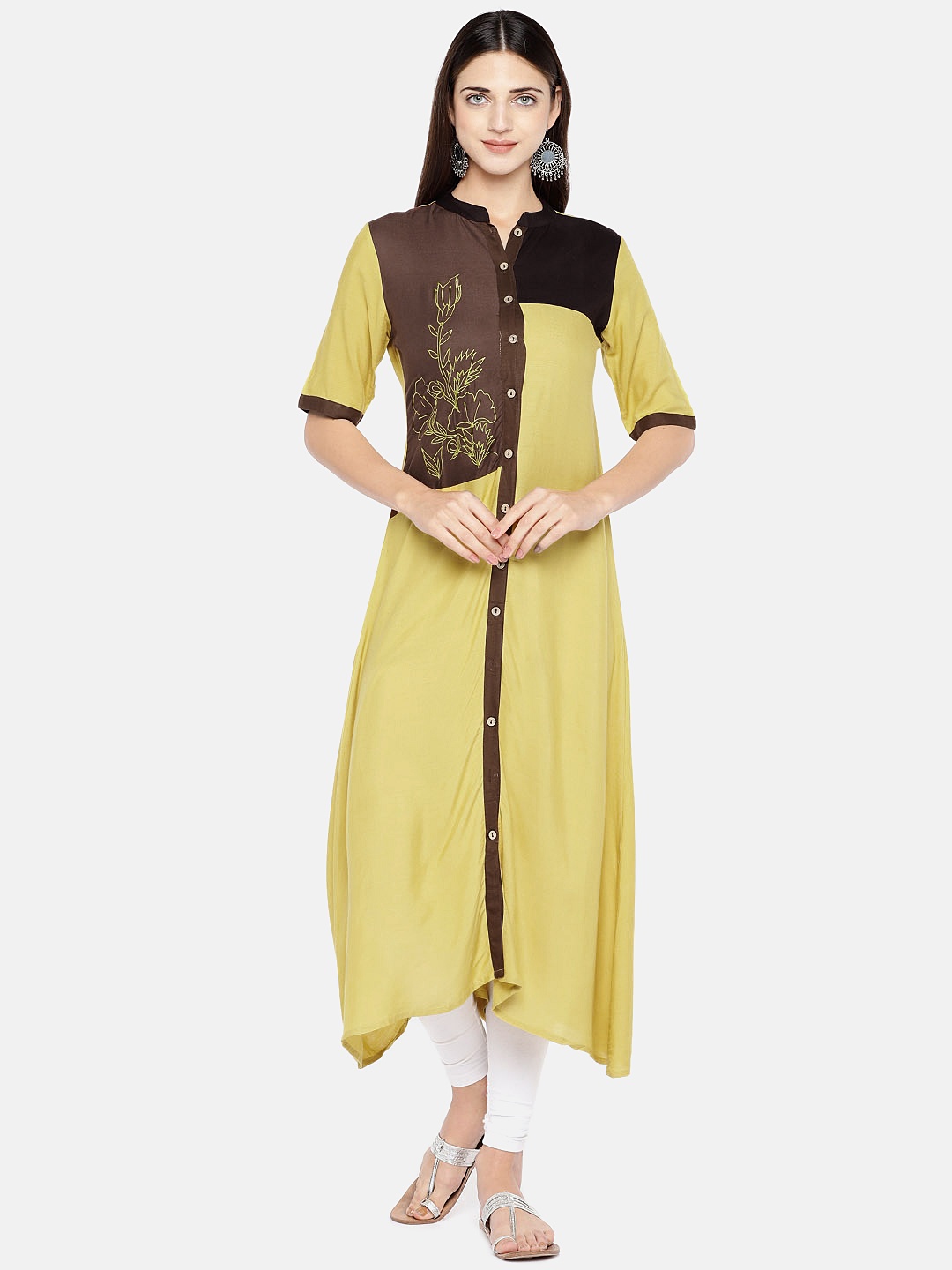 

Vbuyz Women Yellow & Brown Embroidered A-Line Kurta