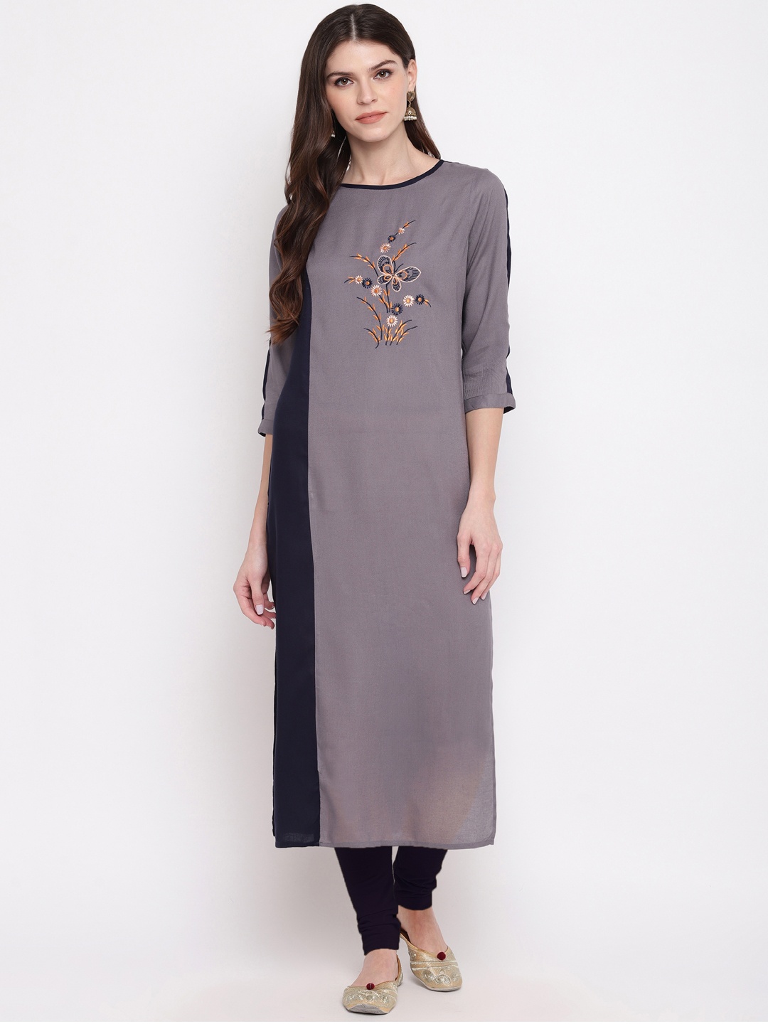 

Vbuyz Women Grey Embroidered Straight Kurta