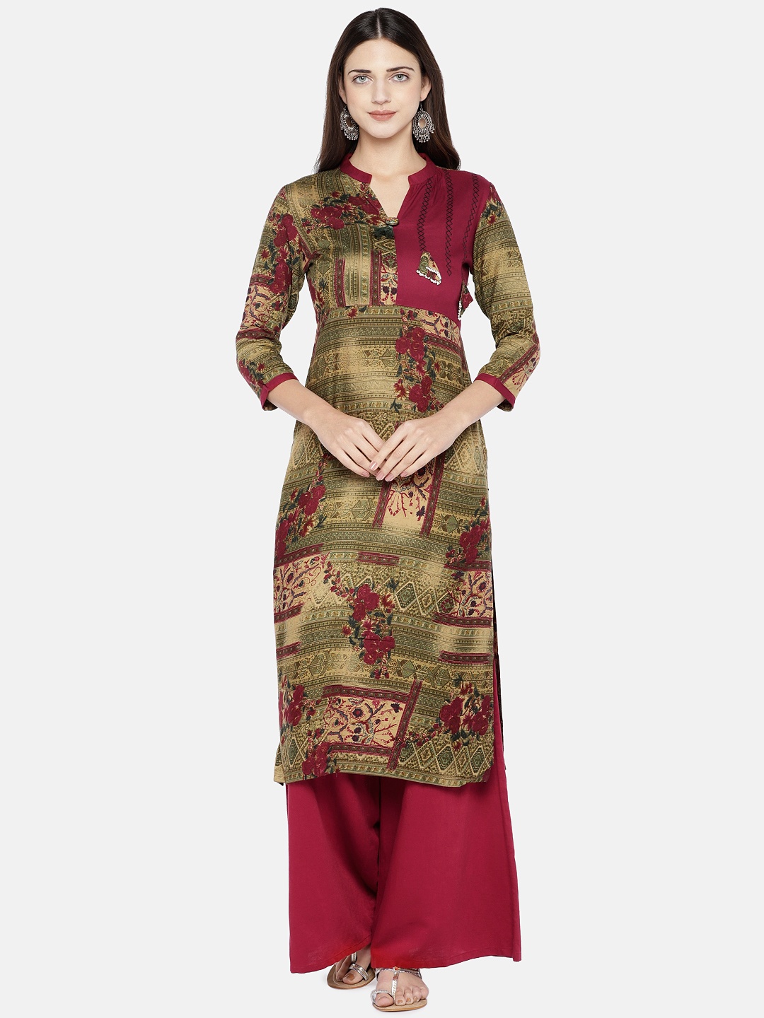 

Vbuyz Women Burgundy & Green Printed Straight Kurta