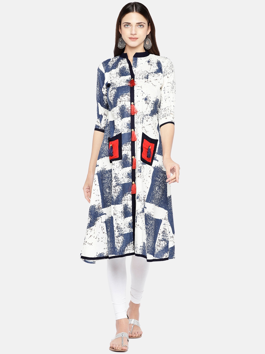 

Vbuyz Women White & Blue Printed A-Line Kurta