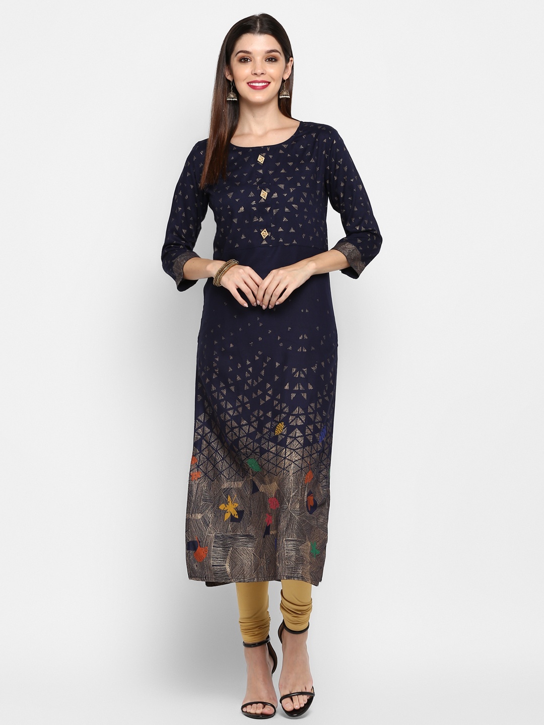 

Vbuyz Women Navy Blue & Gold-Coloured Printed Straight Kurta