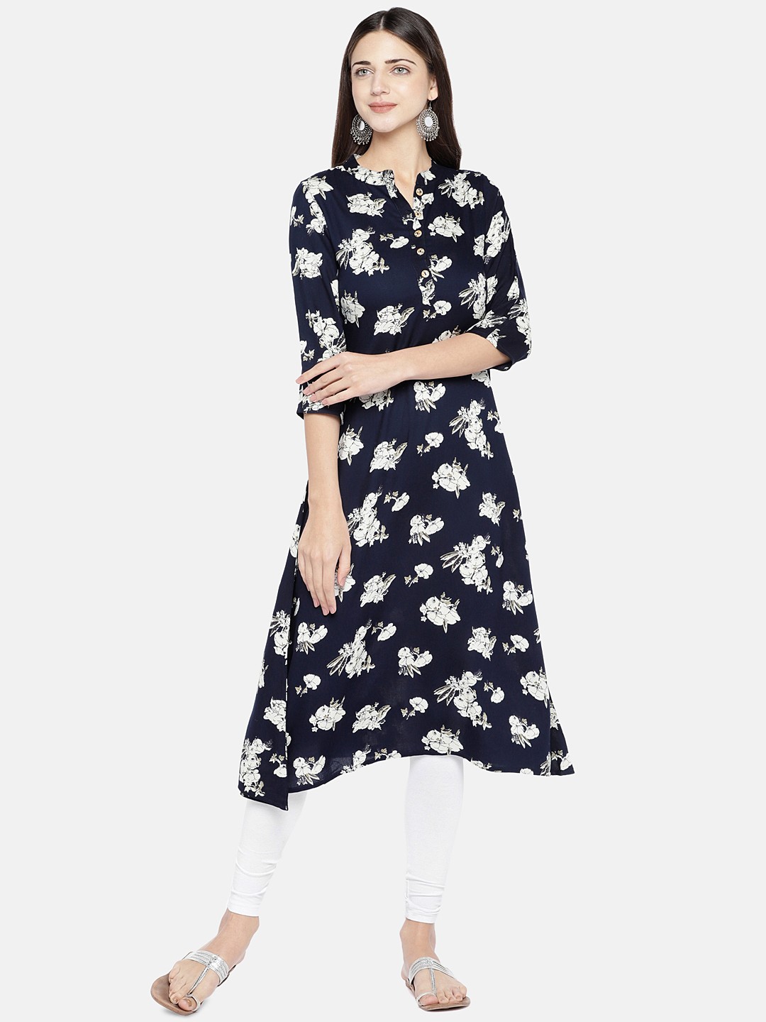

Vbuyz Women Navy Blue & White Printed A-Line Kurta