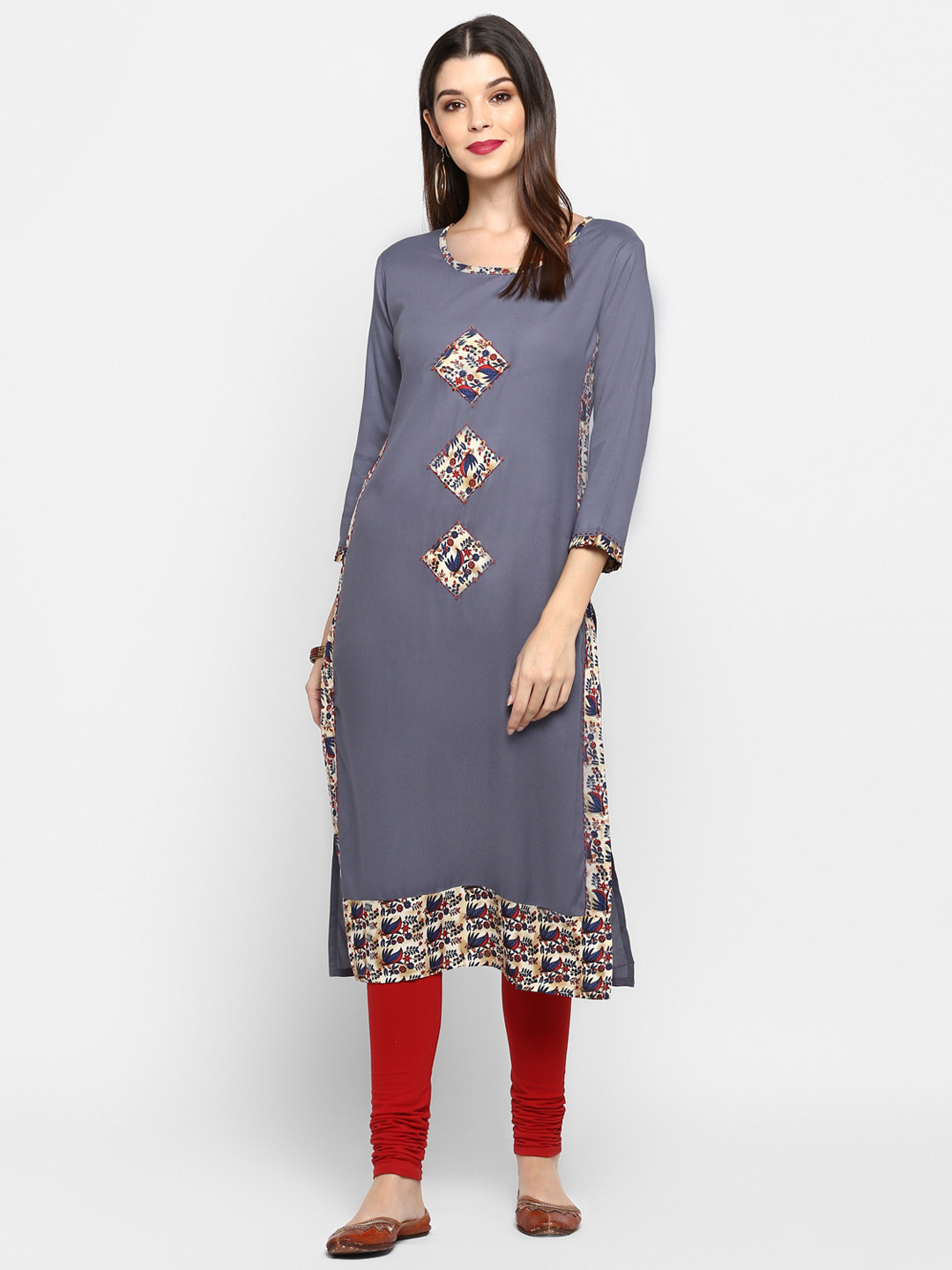 

Vbuyz Women Grey & Off-White Printed Straight Kurta