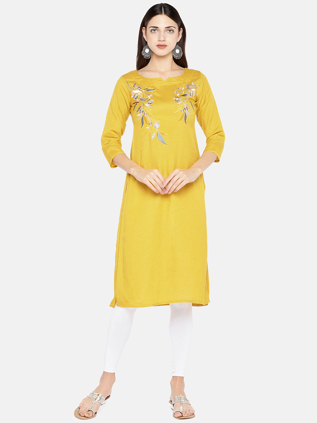

Vbuyz Women Yellow Floral Embroidered Straight Kurta