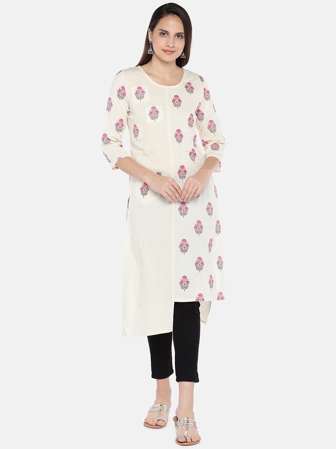 

Vbuyz Women Beige Printed Straight Asymmetric Kurta