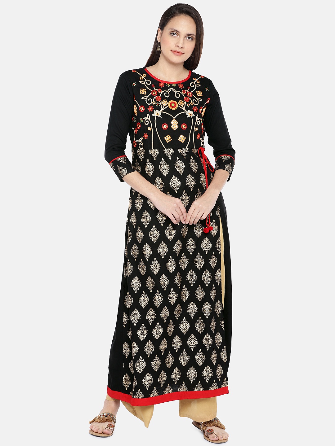 

Vbuyz Women Black Embroidered A-Line Kurta with Foil Print