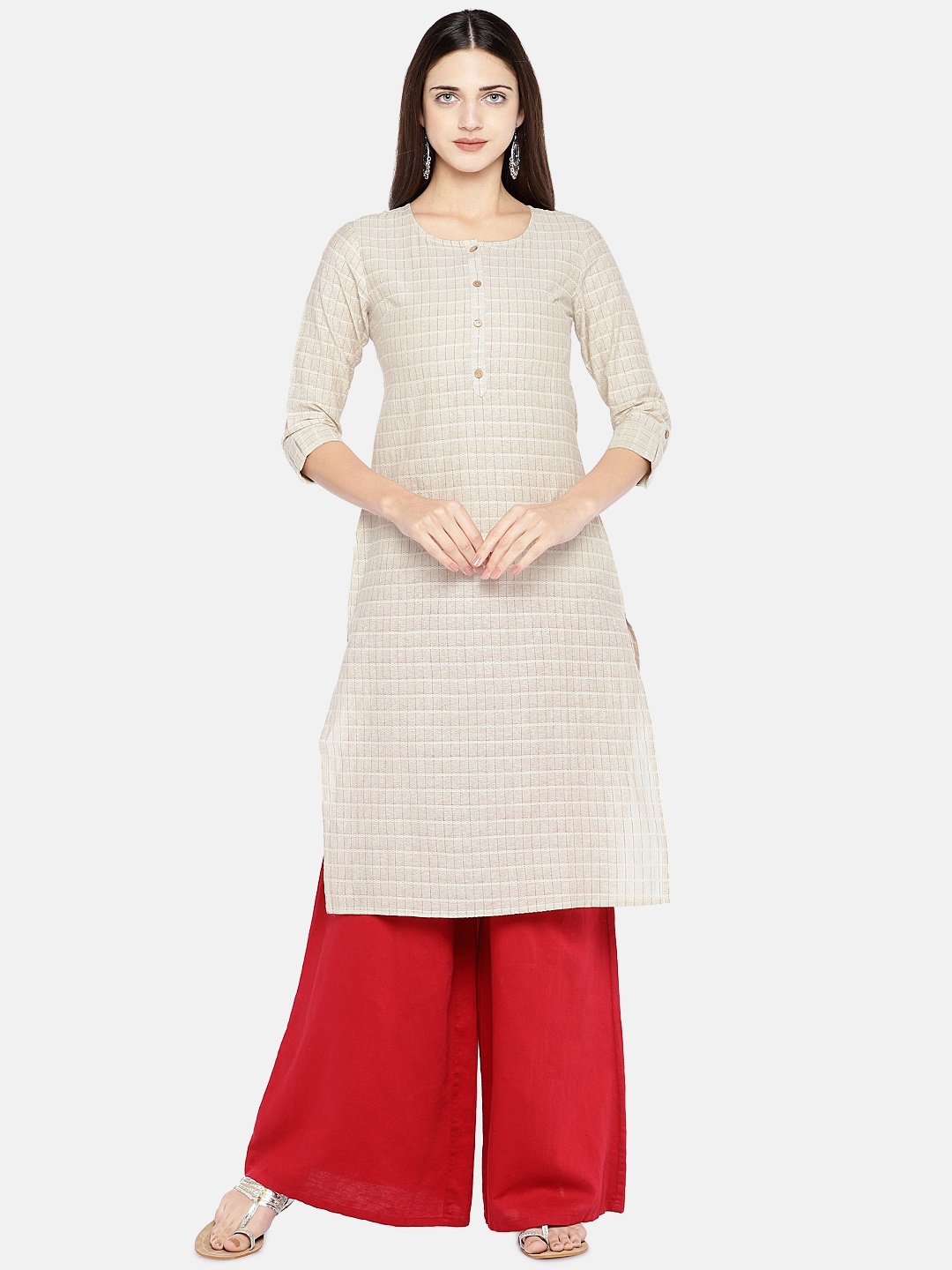 

Vbuyz Women Beige Checked Straight Kurta
