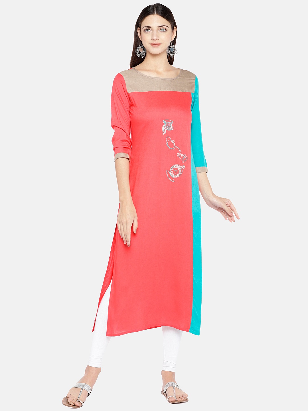 

Vbuyz Women Pink & Blue Quirky Embroidered Straight Kurta