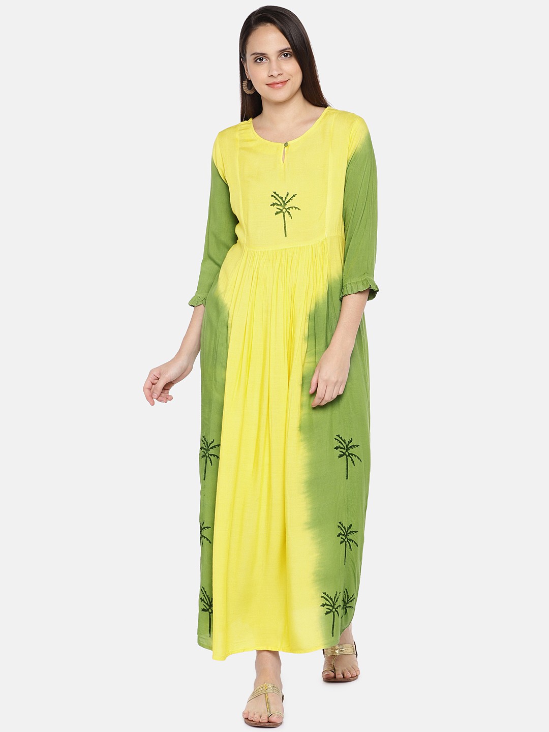 

Vbuyz Women Yellow & Green Tropical Embroidered A-Line Kurta