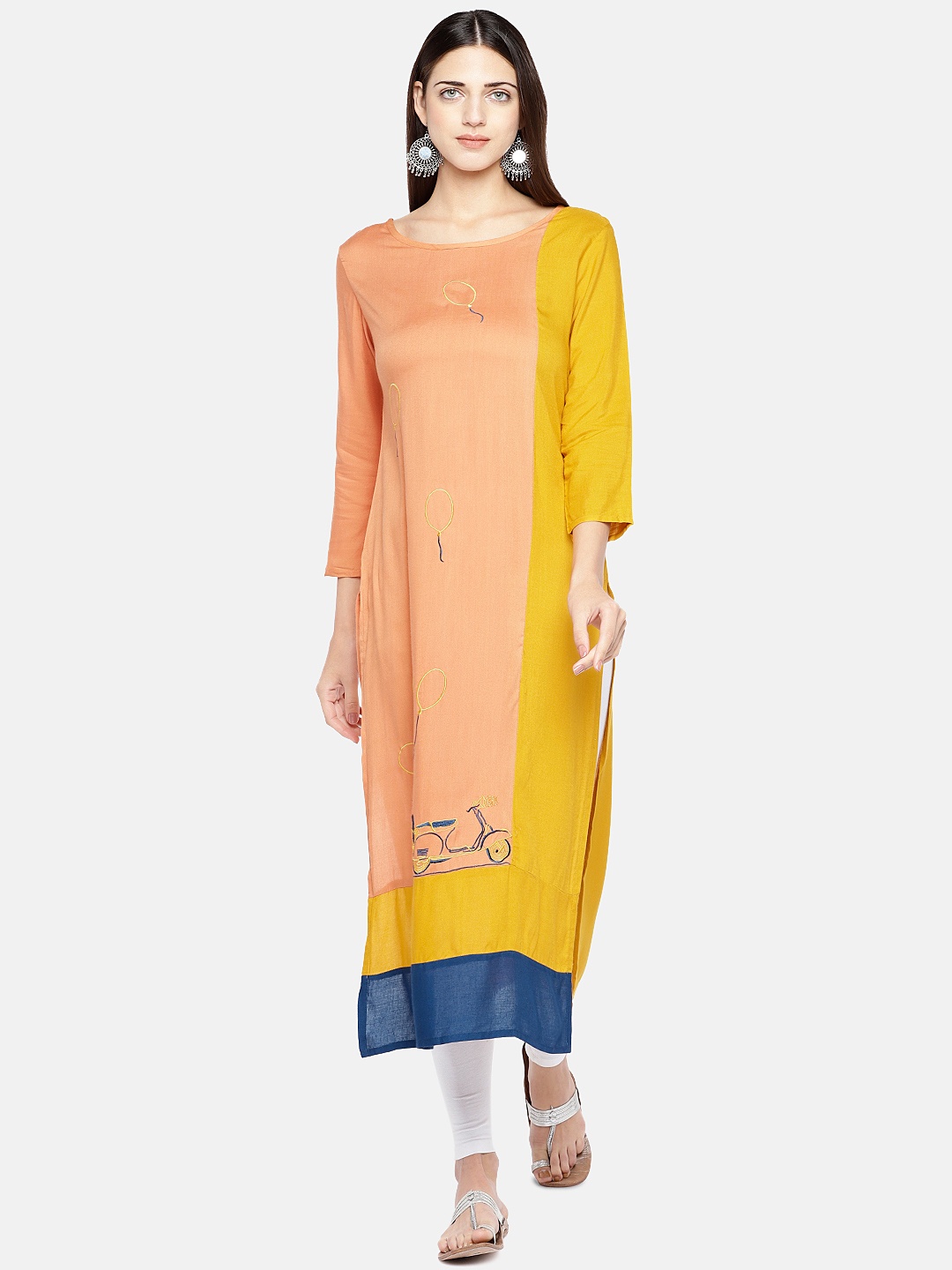 

Vbuyz Women Orange & Yellow Embroidered Straight Kurta
