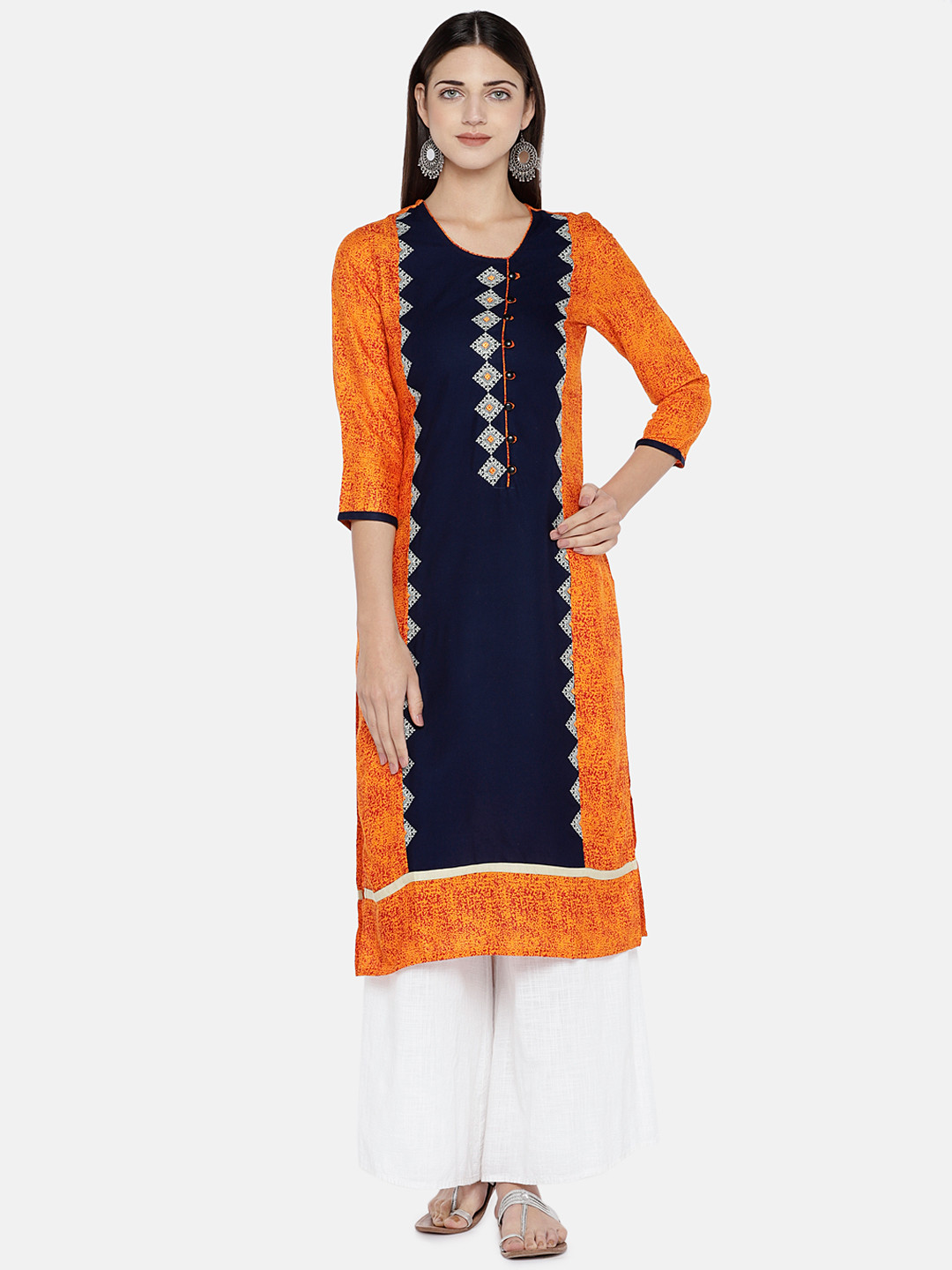 

Vbuyz Women Orange & Navy Blue Embroidered Straight Kurta