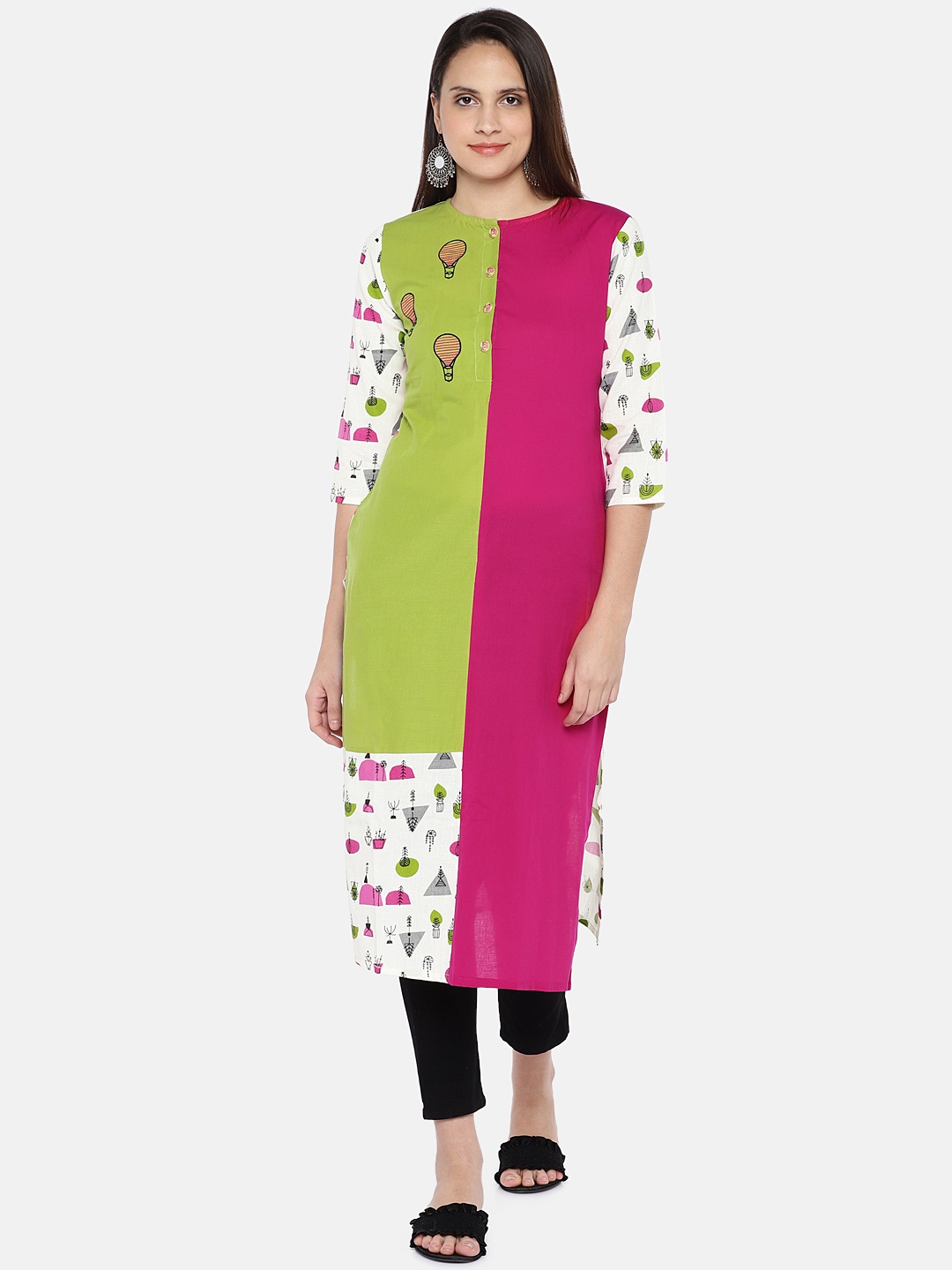 

Vbuyz Women Green & Pink Colourblocked Straight Kurta