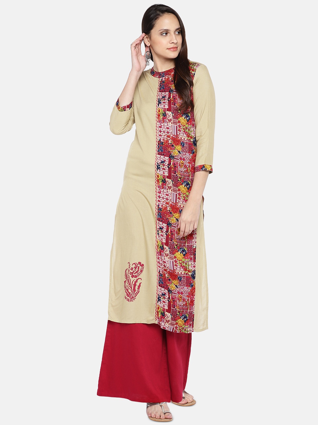 

Vbuyz Women Grey & Red Printed Straight Kurta
