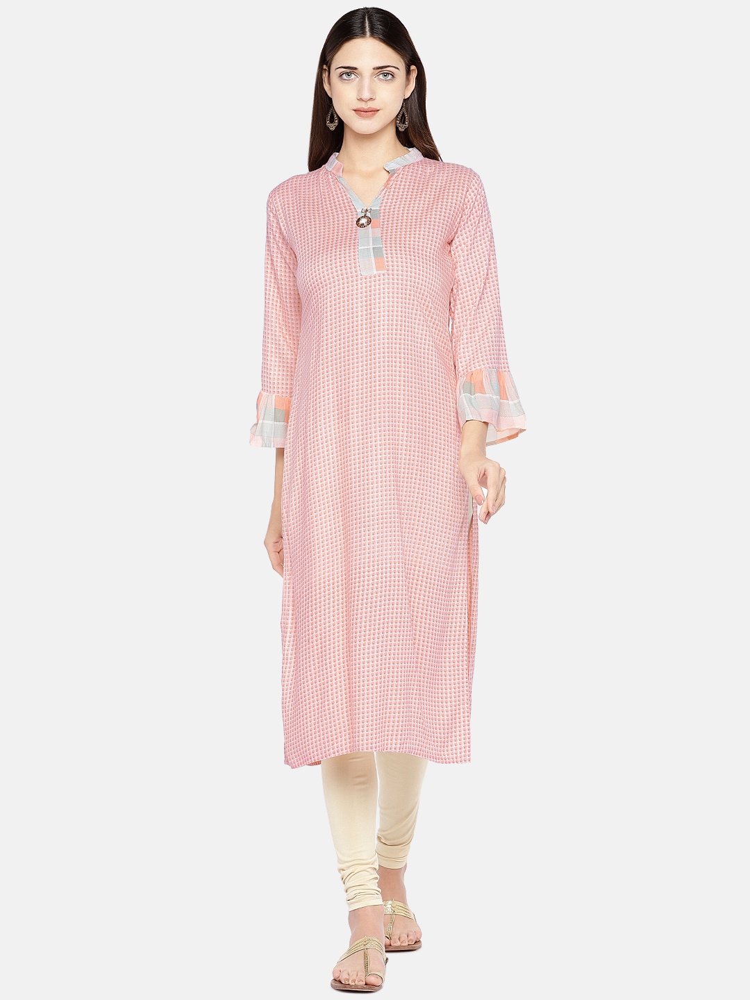 

Vbuyz Women Peach-Coloured Checked Straight Kurta