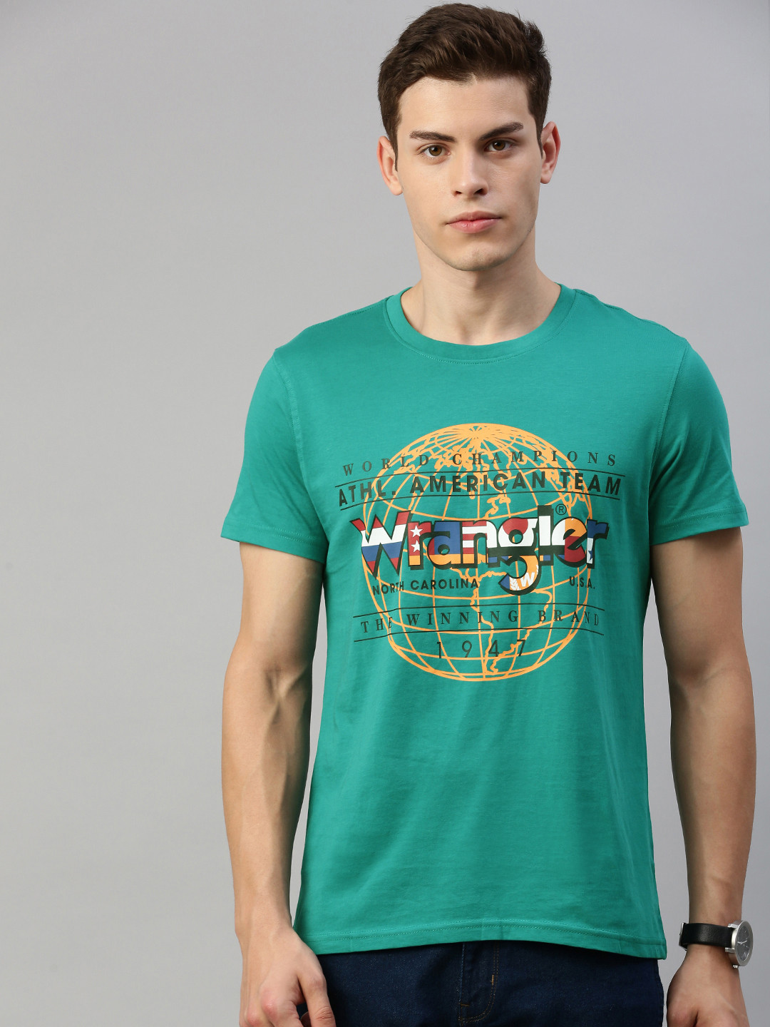 

Wrangler Men Green Printed Round Neck Slim-Fit Pure Cotton T-shirt