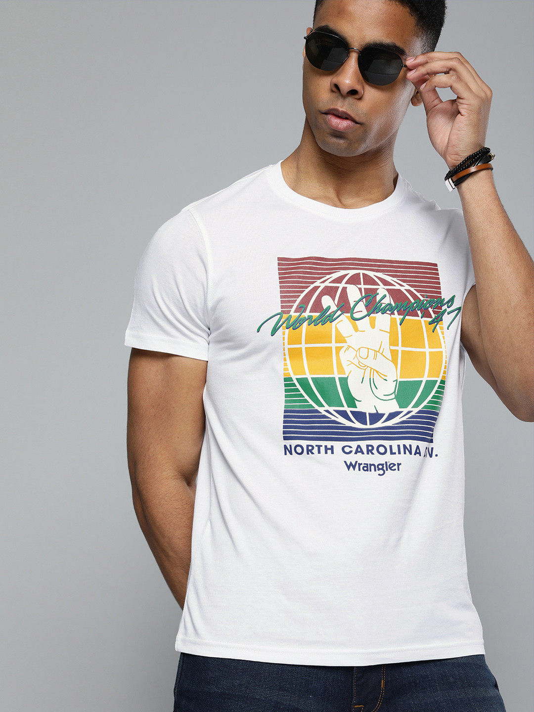 

Wrangler Men White Printed Round Neck Slim-Fit Pure Cotton T-shirt