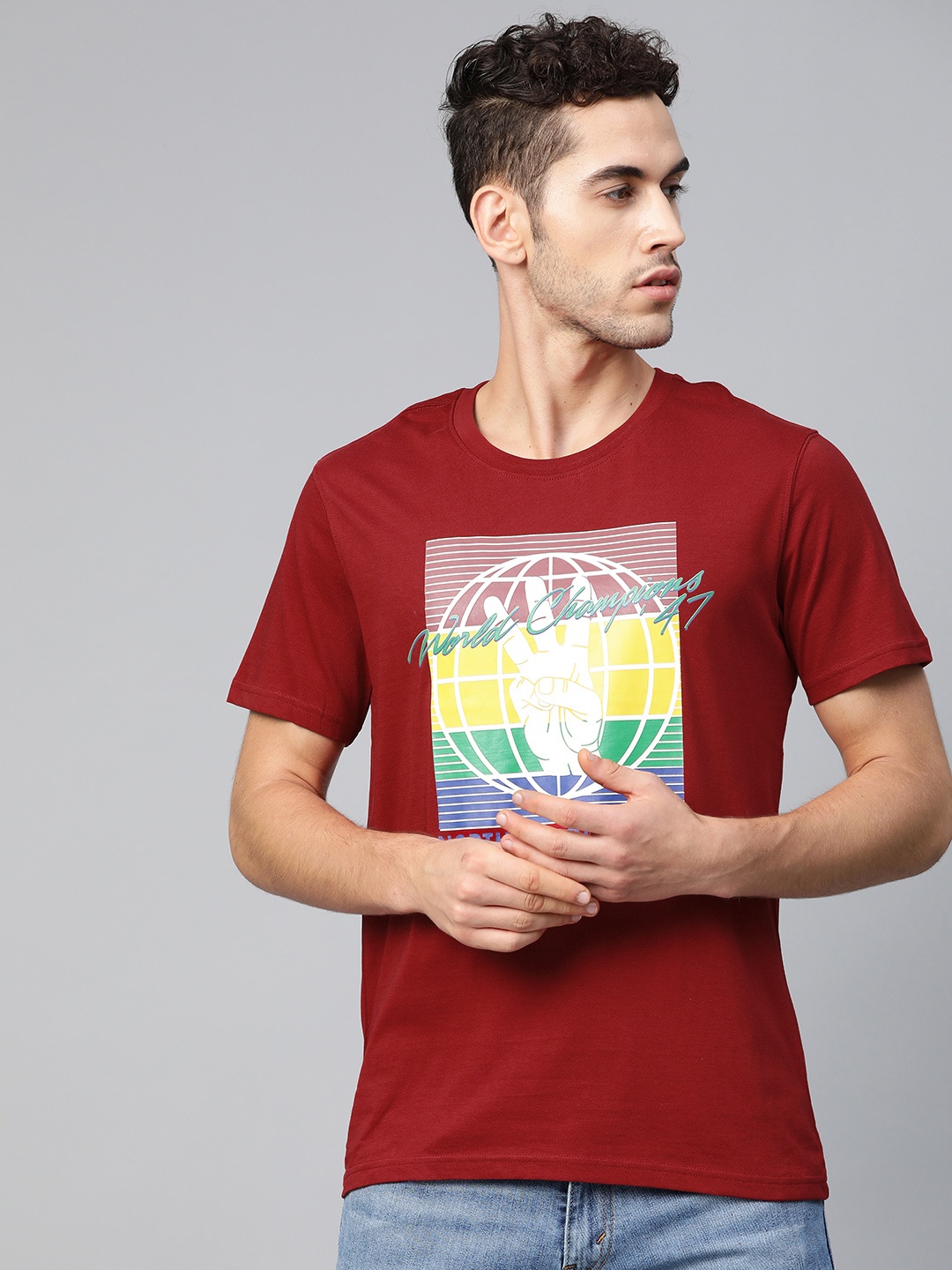 

Wrangler Men Rust Red Printed Round Neck Pure Cotton T-shirt