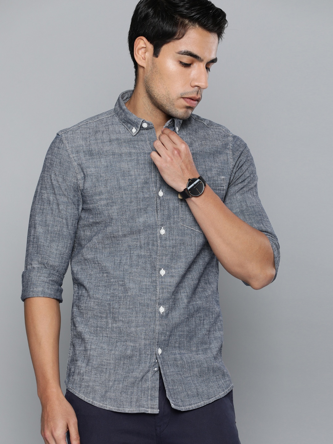 

Lee Men Navy Blue Super Slim Fit Solid Casual Shirt