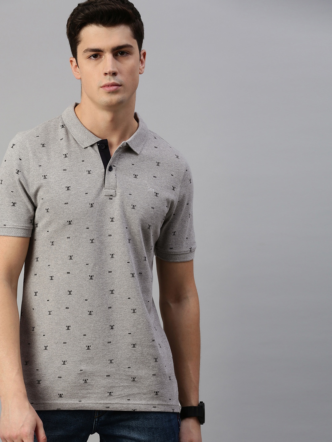 

Lee Men Grey Melange Black Conversational Printed Polo Collar Pure Cotton T-shirt