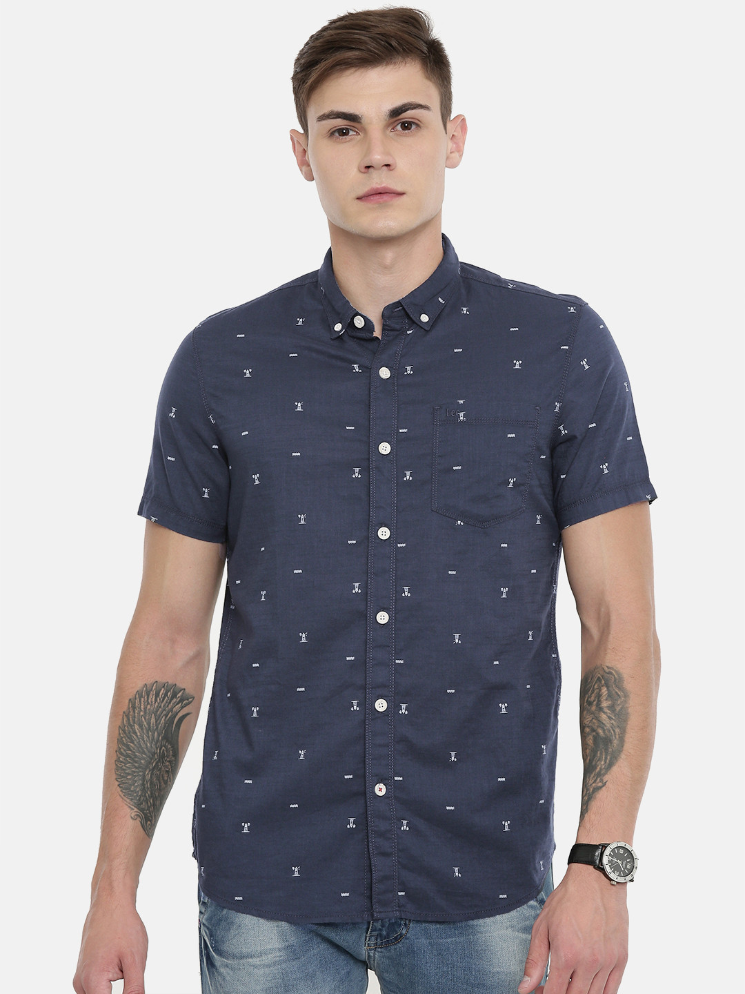 

Lee Men Navy Blue & White Slim Fit Printed Casual Shirt