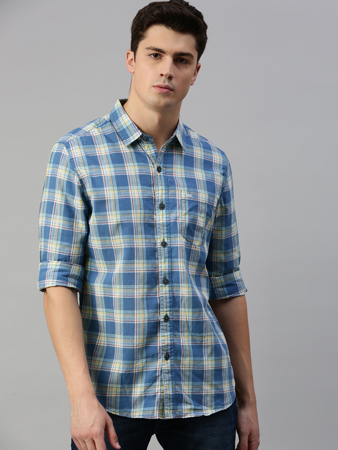 

Lee Men Blue & Yellow Slim Fit Checked Casual Shirt