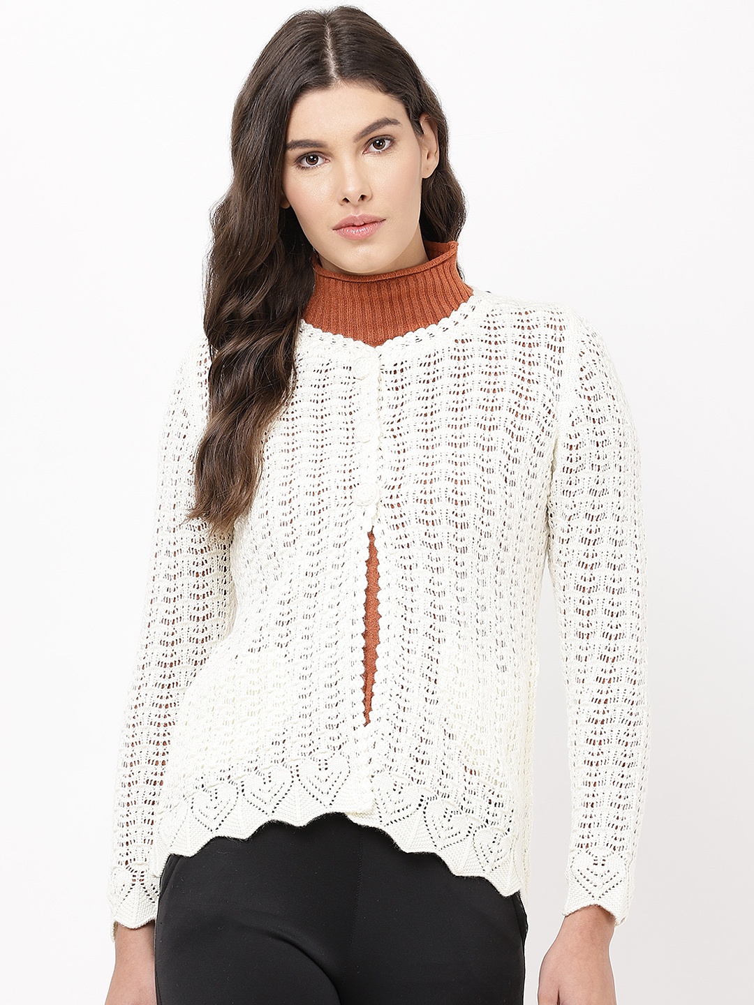 

APSLEY Women Off-White Self Design Cardigan