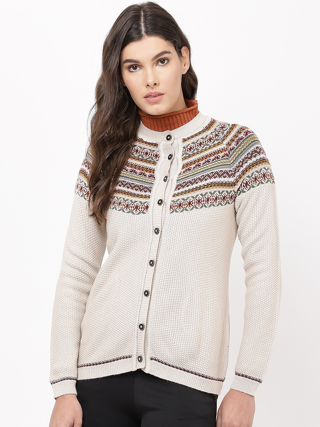 

APSLEY Women Beige & Maroon Self Design Cardigan