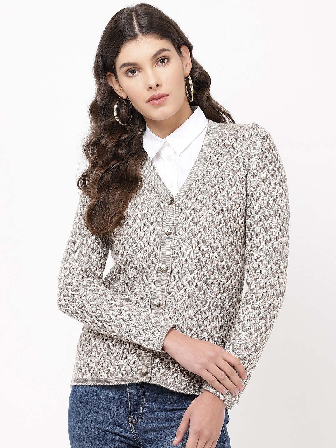 

APSLEY Women Grey Self Design Cardigan Sweater