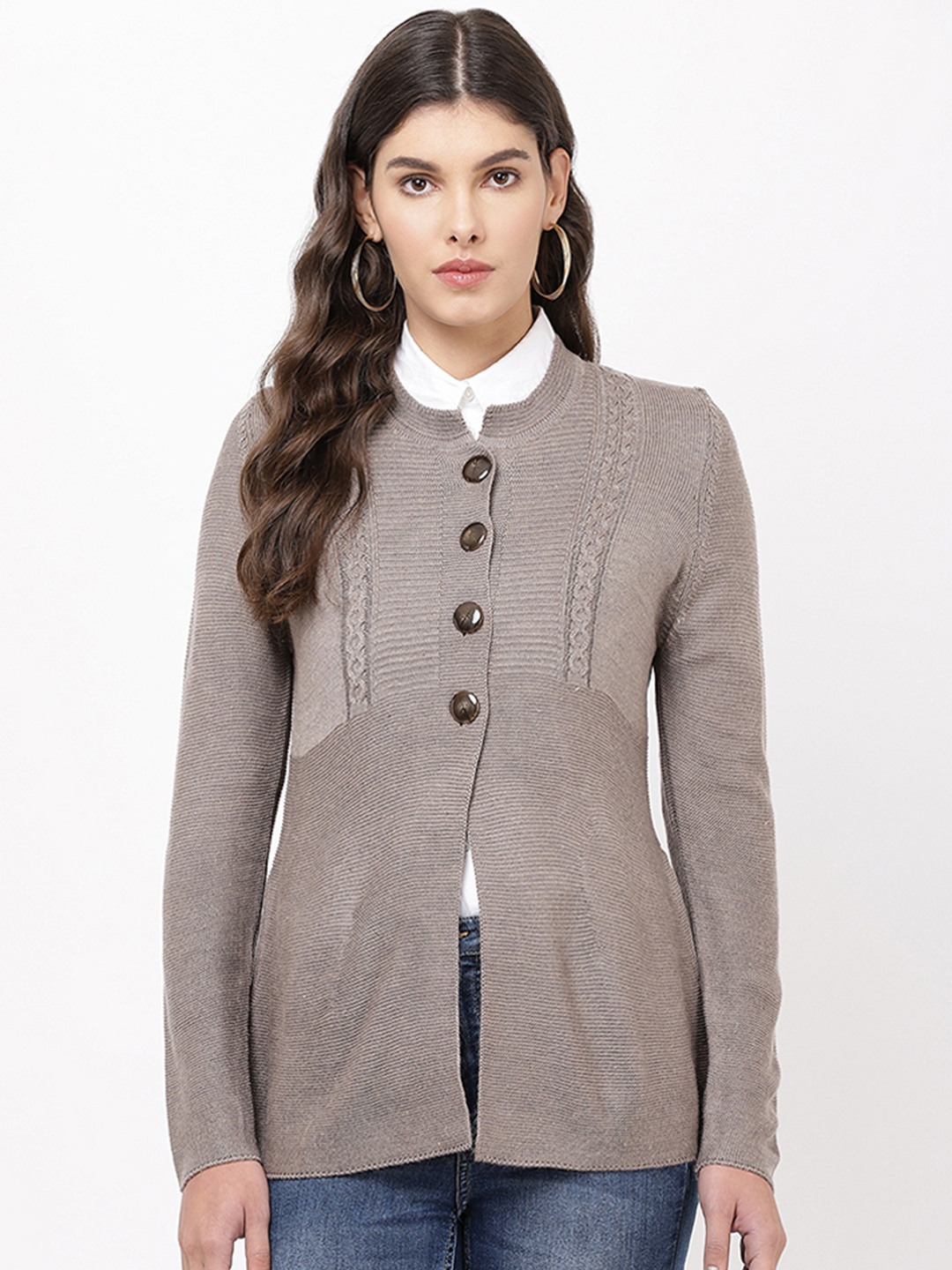 

APSLEY Women Taupe Ribbed Cardigan Sweater