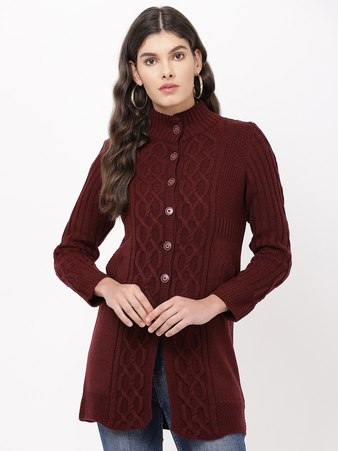 

APSLEY Women Maroon Self Design Cardigan Sweater
