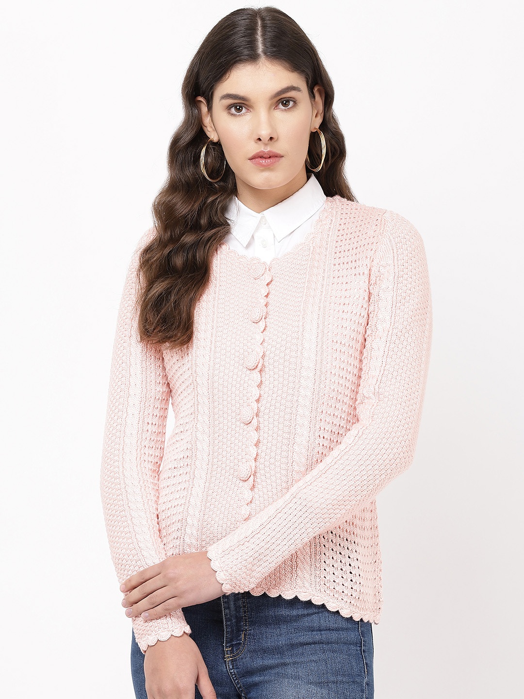 

APSLEY Women Pink Self Design Cardigan Sweater
