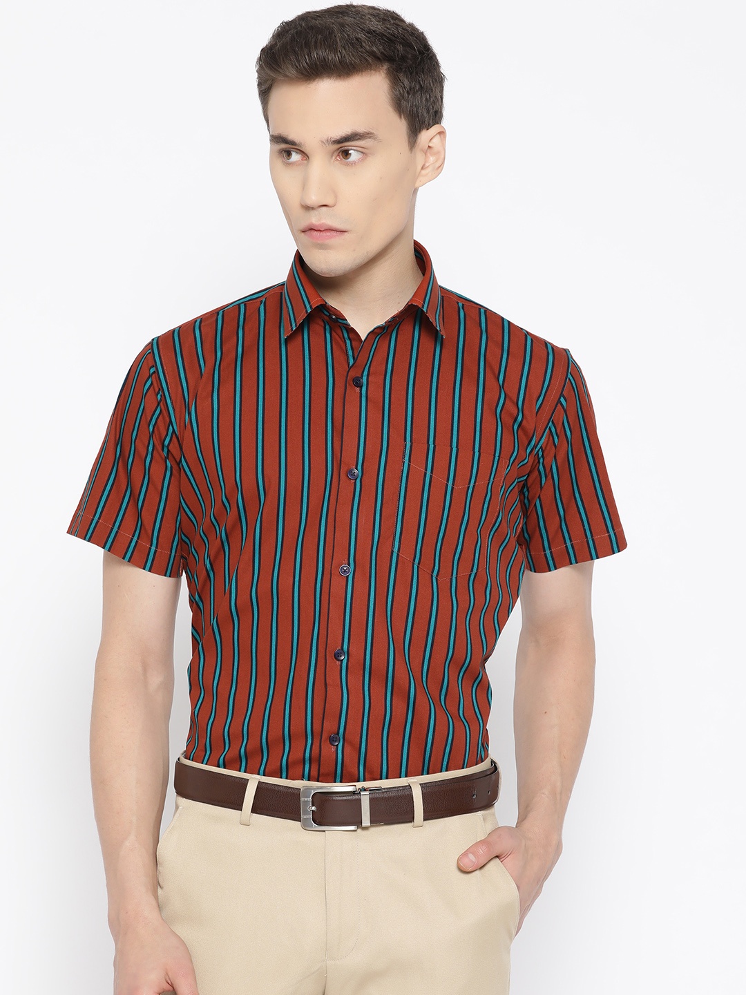 

Hancock Men Rust Red & Green Slim Fit Striped Formal Shirt