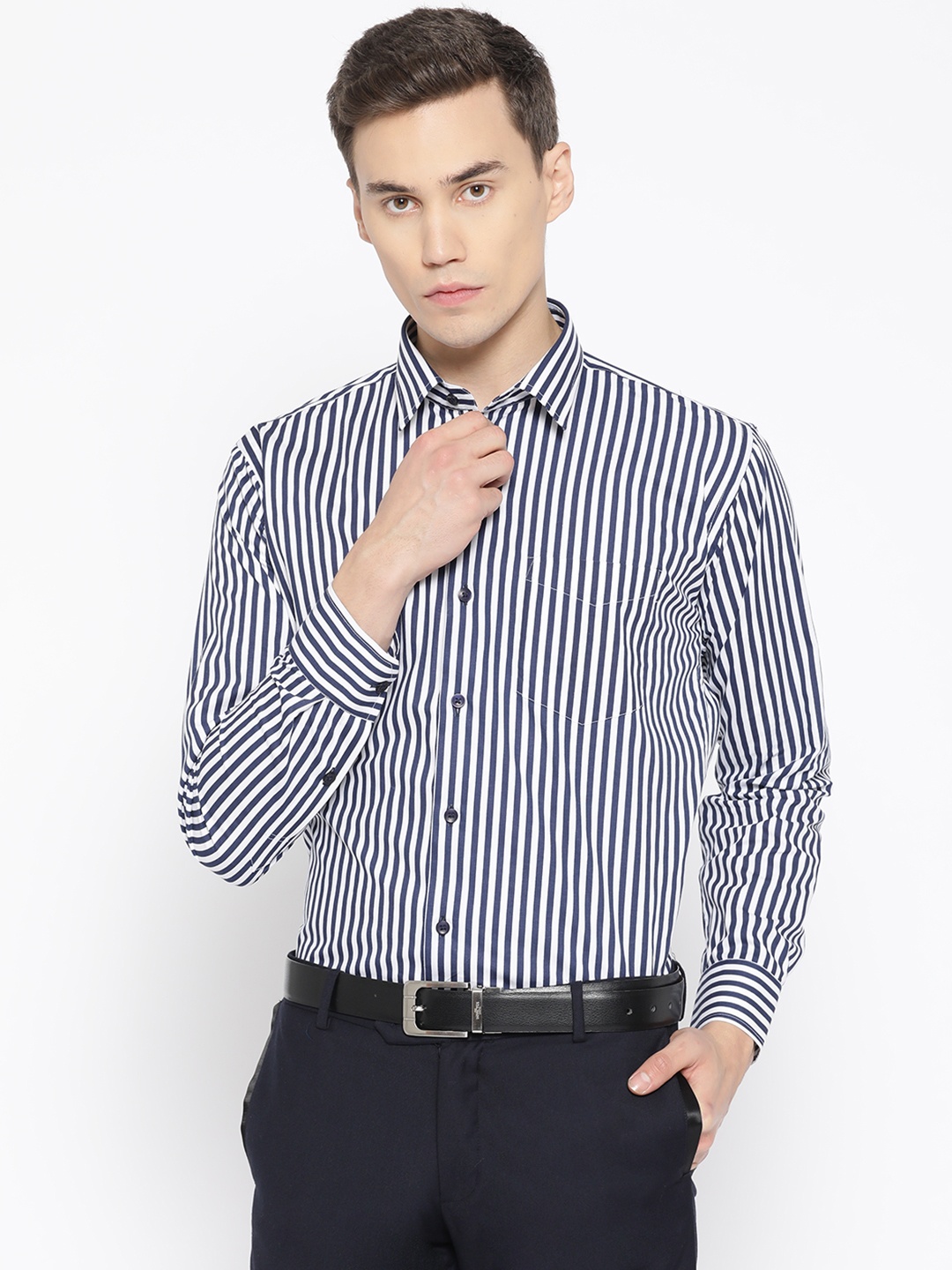 

Hancock Men White & Navy Slim Fit Striped Formal Shirt