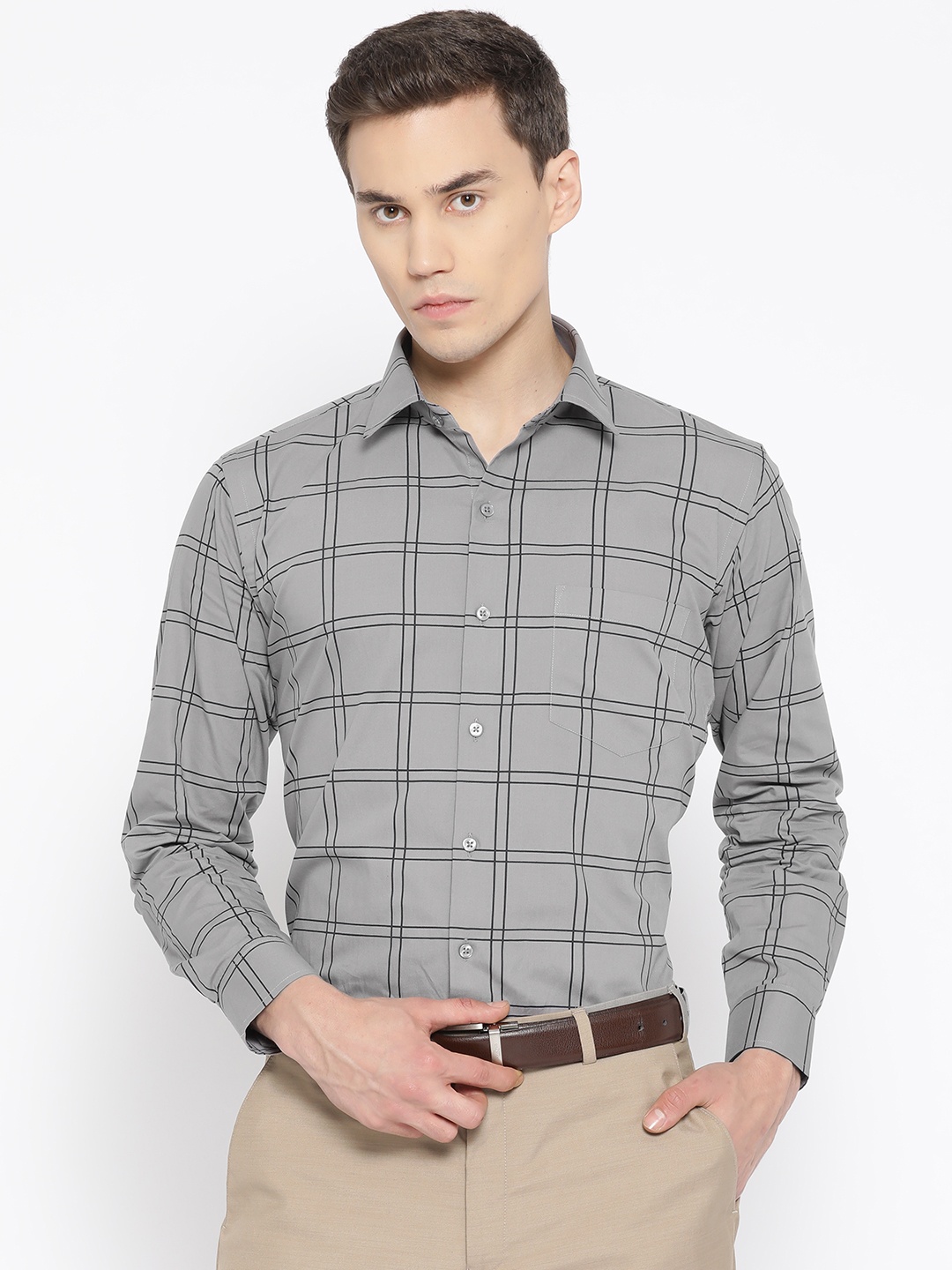 

Hancock Men Grey & Navy Blue Slim Fit Checked Formal Shirt