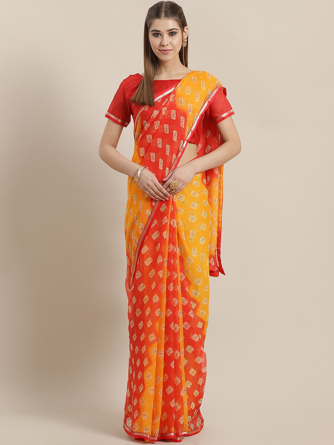 

Saree mall Red & Yellow Printed Bandhani Saree