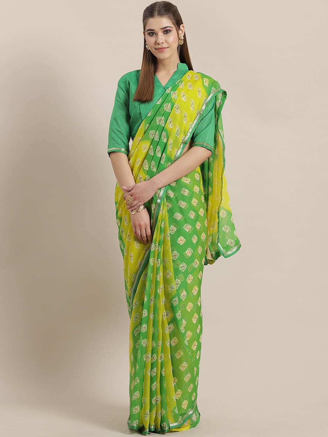 

Saree mall Green & Yellow Printed Bandhani Saree