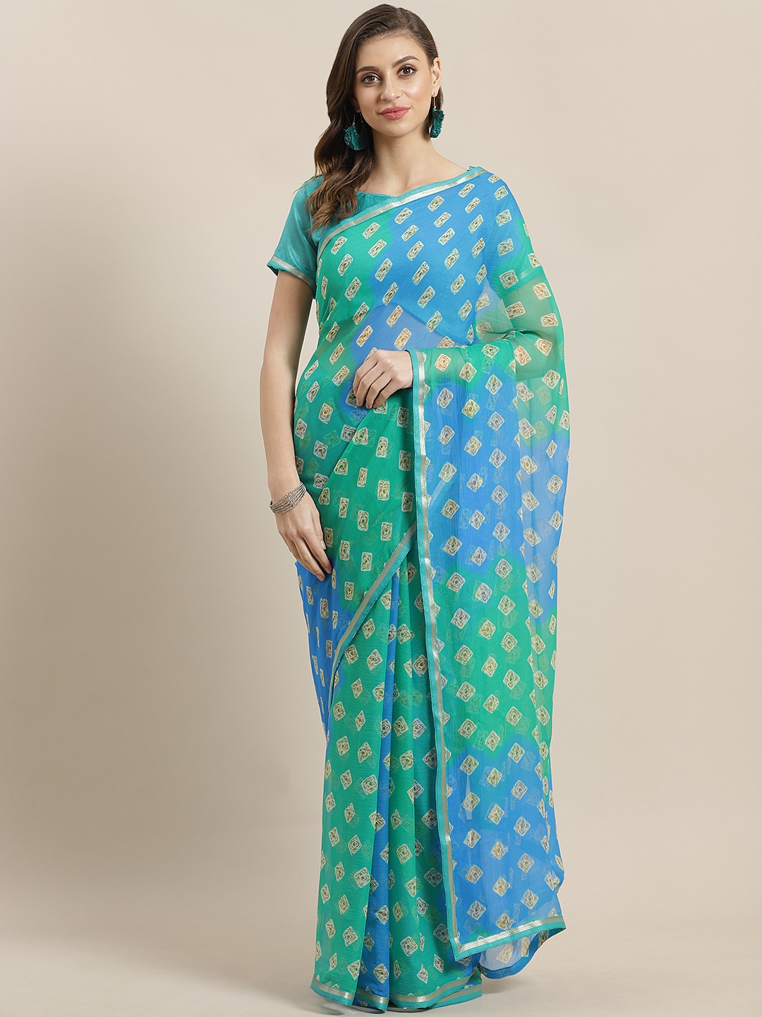 

Saree mall Blue & Green Printed Bandhani Saree