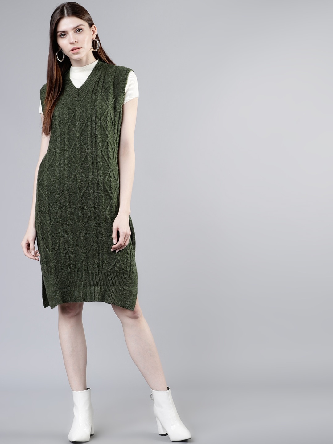 

Tokyo Talkies Women Olive Green Self Design Jumper Dress