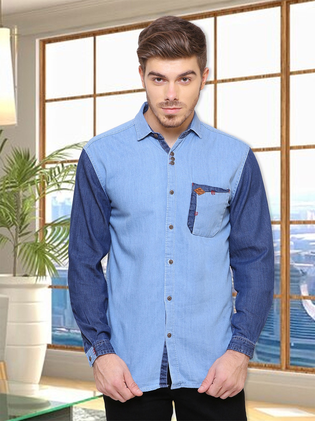 

Kuons Avenue Men Blue Smart Slim Fit Solid Casual Denim Shirt