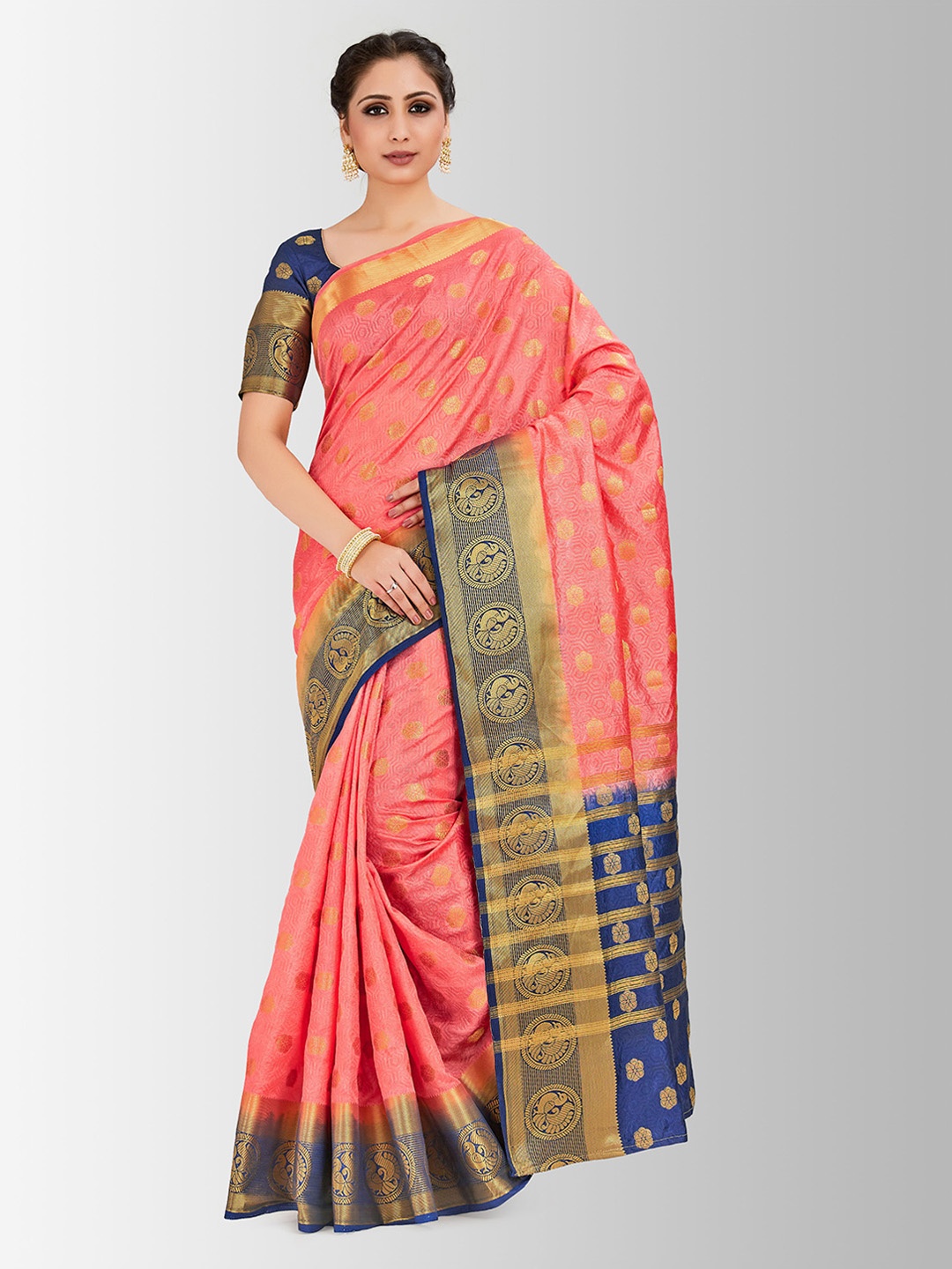 

Mitera Coral & Blue Art Silk Woven Design Banarasi Saree