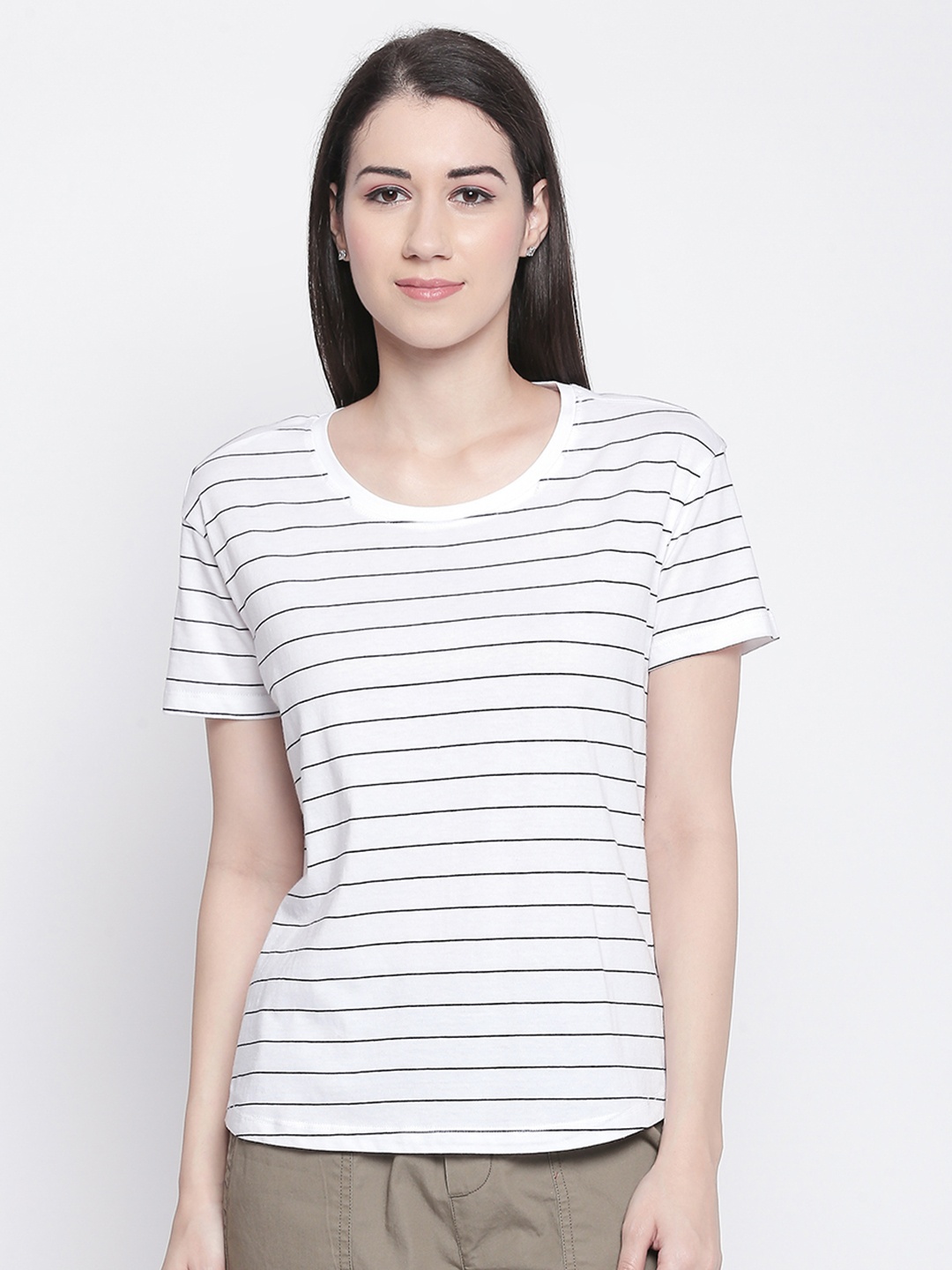 

Dreamz by Pantaloons Women White Striped Lounge tshirt