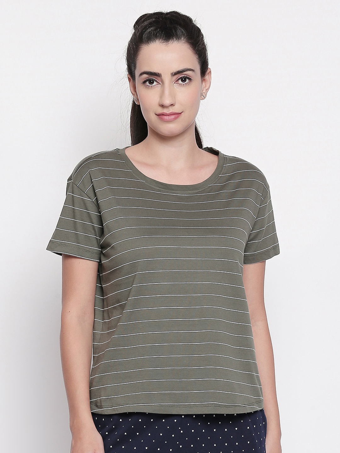 

Dreamz by Pantaloons Women Olive Green Striped Lounge tshirt