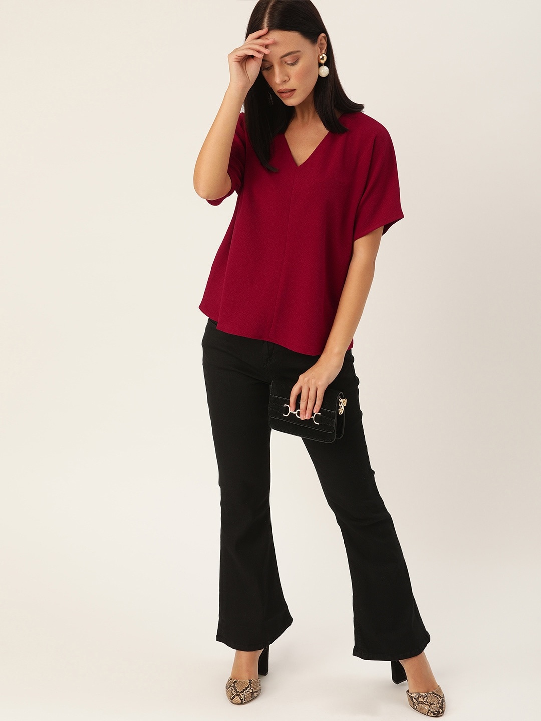 

her by invictus Maroon V-Neck Boxy Top